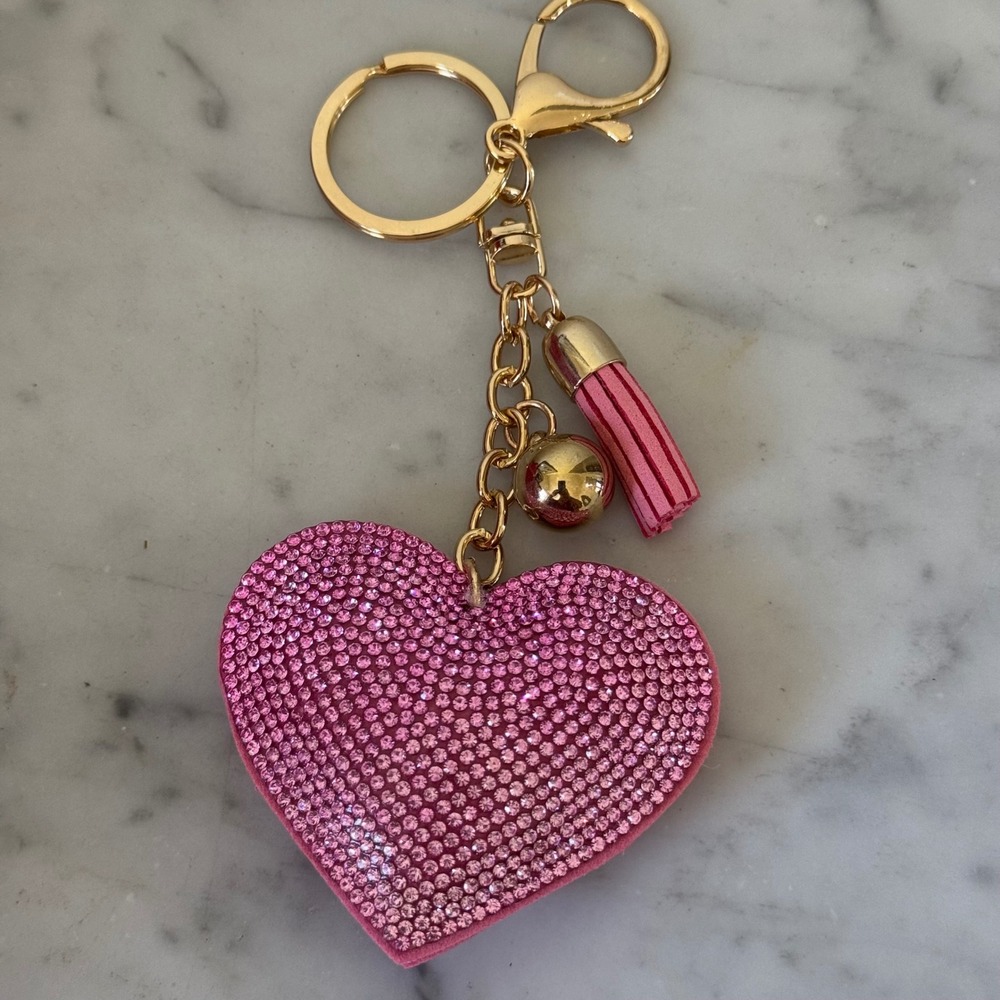 Pink Rhinestone Heart Keychain Gold Tone Tassel Crystal Bag Charm Accessory